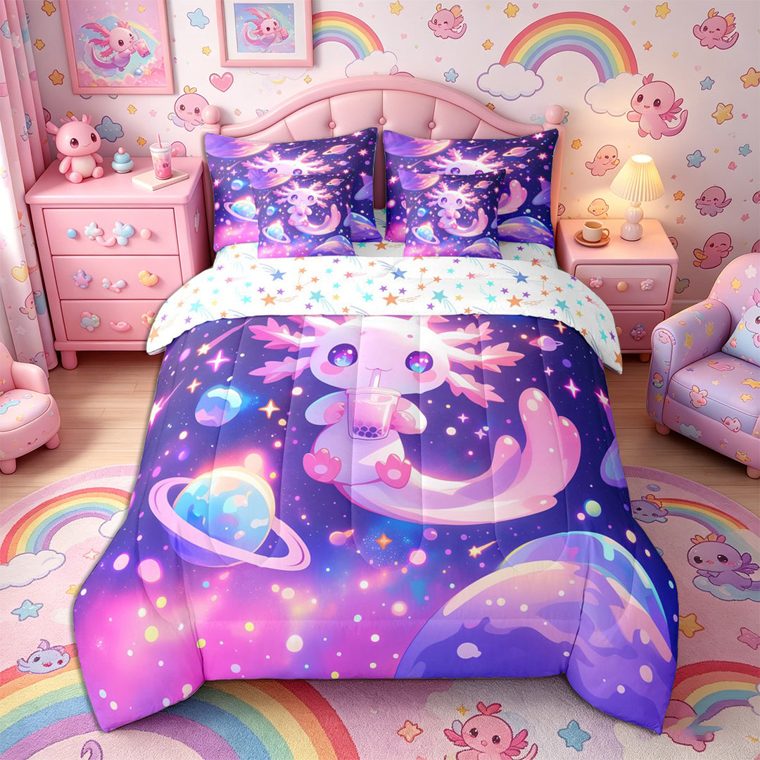 Meiyoeat Cosmic Kawaii Axolotl Full Size Bedding Sets 7 Pieces, Whimsical Galaxy Planet Pattern Full Size Bed in a Bag, Purple Pink