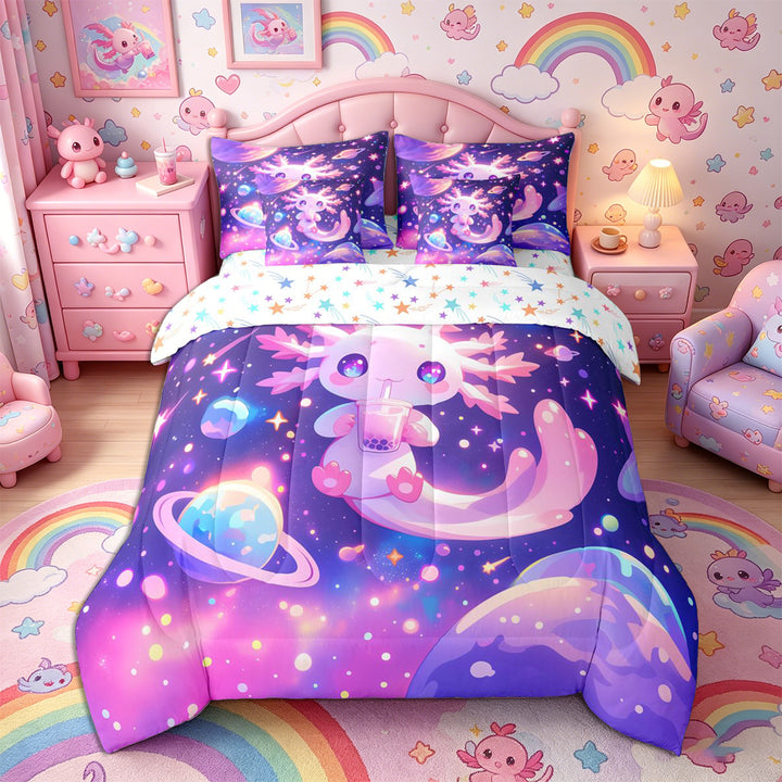 Meiyoeat Cosmic Kawaii Axolotl Full Size Bedding Sets 7 Pieces, Whimsical Galaxy Planet Pattern Full Size Bed in a Bag, Purple Pink