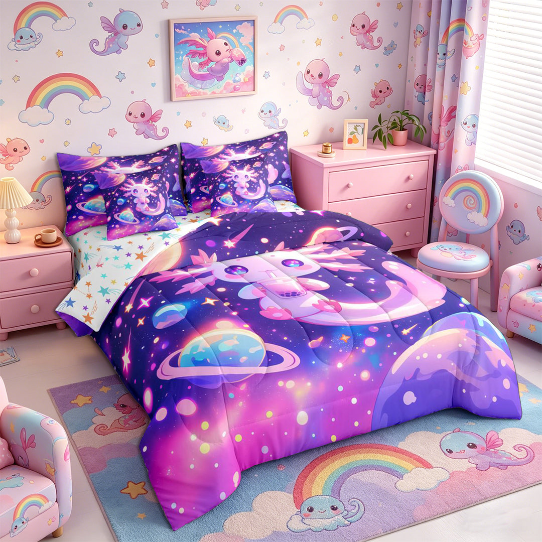 Meiyoeat Cosmic Kawaii Axolotl Full Size Bedding Sets 7 Pieces, Whimsical Galaxy Planet Pattern Full Size Bed in a Bag, Purple Pink