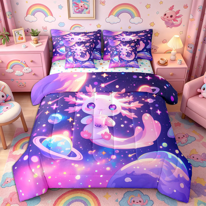 Meiyoeat Cosmic Kawaii Axolotl Full Size Bedding Sets 7 Pieces, Whimsical Galaxy Planet Pattern Full Size Bed in a Bag, Purple Pink