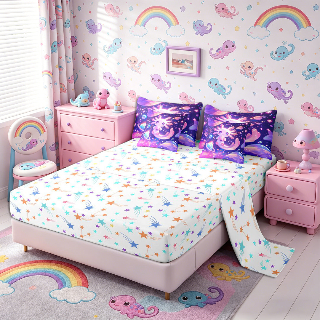 Meiyoeat Cosmic Kawaii Axolotl Full Size Bedding Sets 7 Pieces, Whimsical Galaxy Planet Pattern Full Size Bed in a Bag, Purple Pink