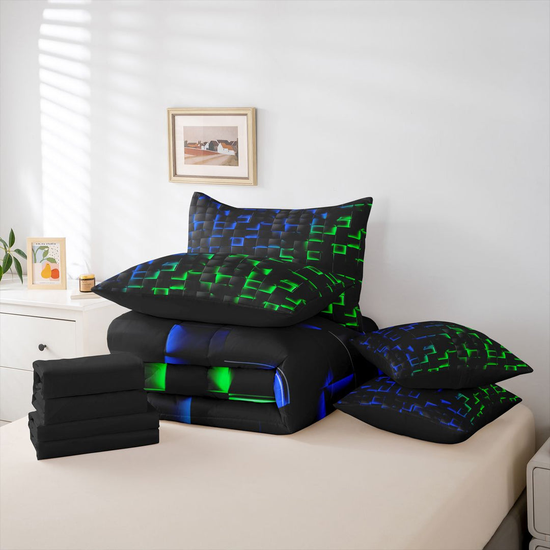 meiyoeat 3D Buffalo Plaid 7 Pieces Full Size Bedding Sets For Kids,Green Blue Geometric Pattern Full Size Bed in a Bag For Boys,Black Reversible