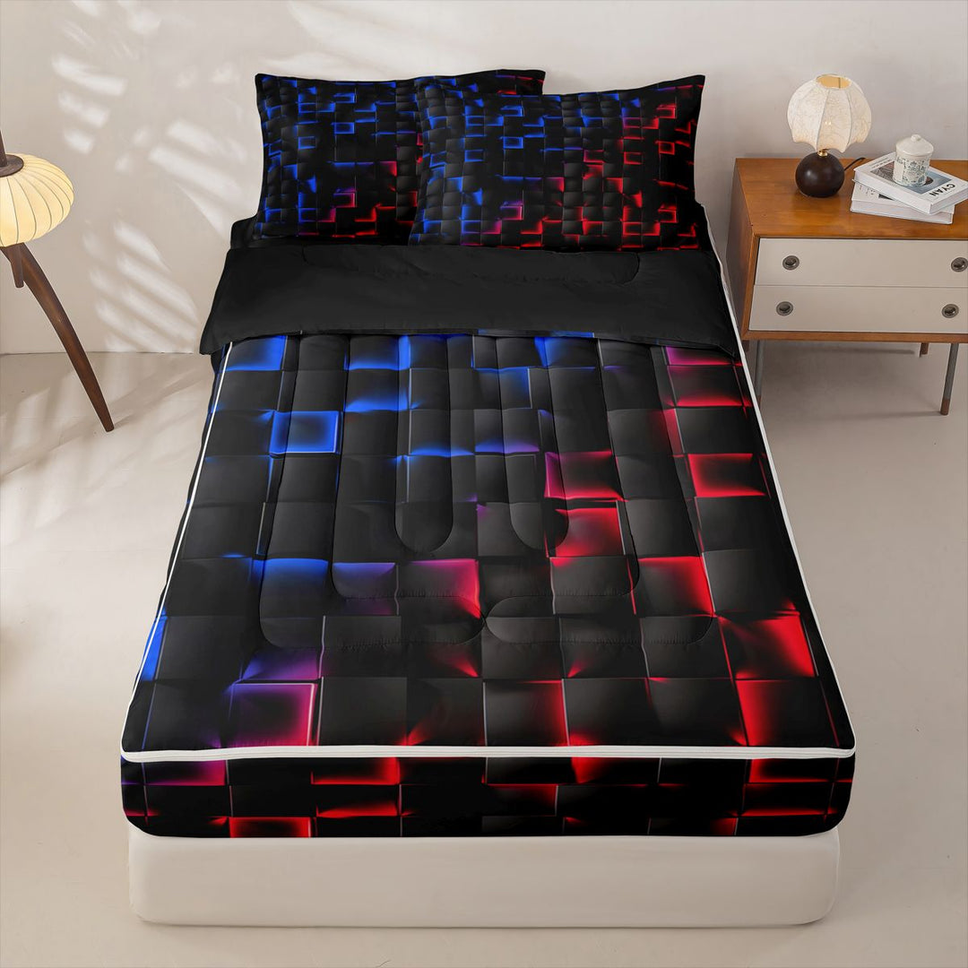 meiyoeat Geometric Abstract Art Zipper Full Size Comforter Sets with Fitted Sheet and 2 Pillowcases For Boys,Modern Plaid Zipper Bedding Set For Kids,Black Reversible,4 Pieces