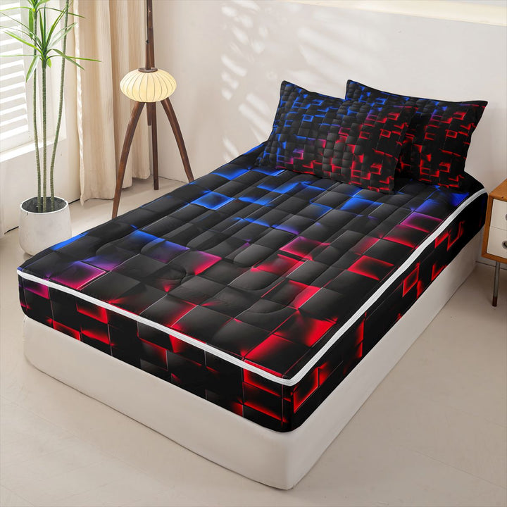meiyoeat Geometric Abstract Art Zipper Full Size Comforter Sets with Fitted Sheet and 2 Pillowcases For Boys,Modern Plaid Zipper Bedding Set For Kids,Black Reversible,4 Pieces