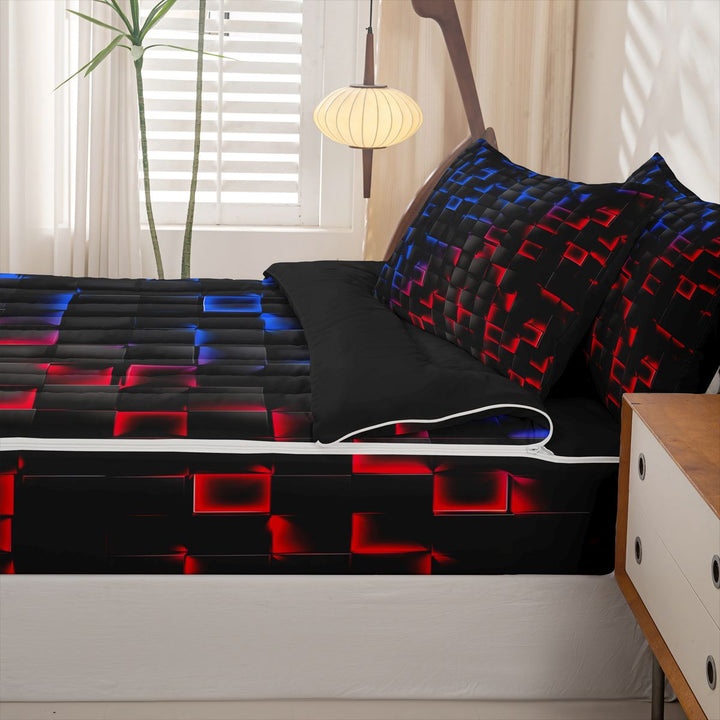 meiyoeat Geometric Abstract Art Zipper Full Size Comforter Sets with Fitted Sheet and 2 Pillowcases For Boys,Modern Plaid Zipper Bedding Set For Kids,Black Reversible,4 Pieces