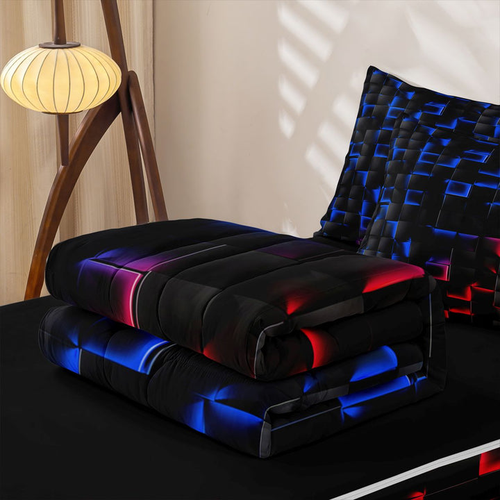 meiyoeat Geometric Abstract Art Zipper Full Size Comforter Sets with Fitted Sheet and 2 Pillowcases For Boys,Modern Plaid Zipper Bedding Set For Kids,Black Reversible,4 Pieces