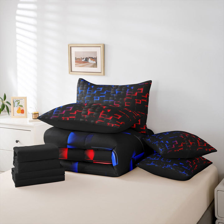 meiyoeat Geometric Abstract Art 7 Pieces Full Size Bedding Sets For Boys,Modern Plaid Full Size Bed in a Bag For Kids,Black Reversible