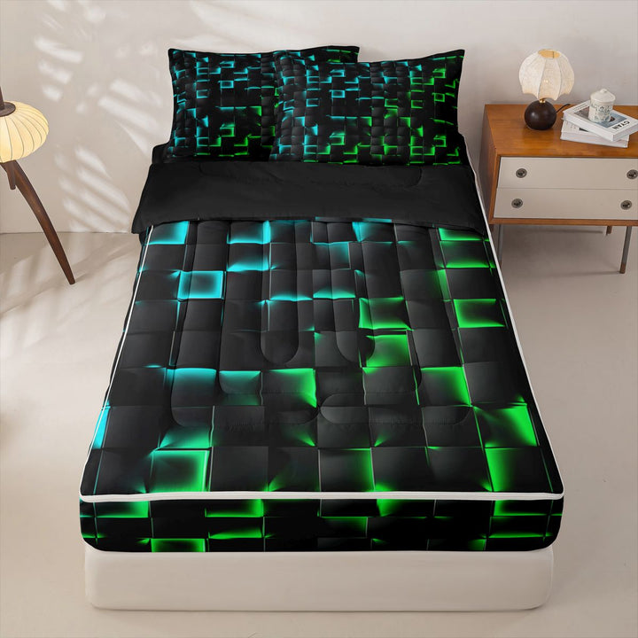 meiyoeat Classic Geometric Checkered Zipper Twin Comforter Sets with Fitted Sheet and 2 Pillowcases For Kids,Gradient Neon Blue Green Zipper Bedding Set For Boys,Black Reversible,4 Pieces