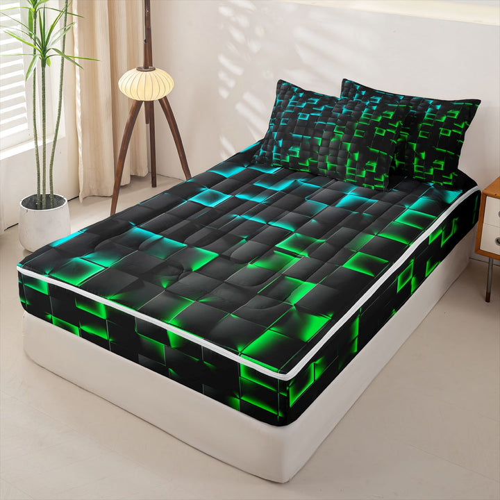 meiyoeat Classic Geometric Checkered Zipper Twin Comforter Sets with Fitted Sheet and 2 Pillowcases For Kids,Gradient Neon Blue Green Zipper Bedding Set For Boys,Black Reversible,4 Pieces
