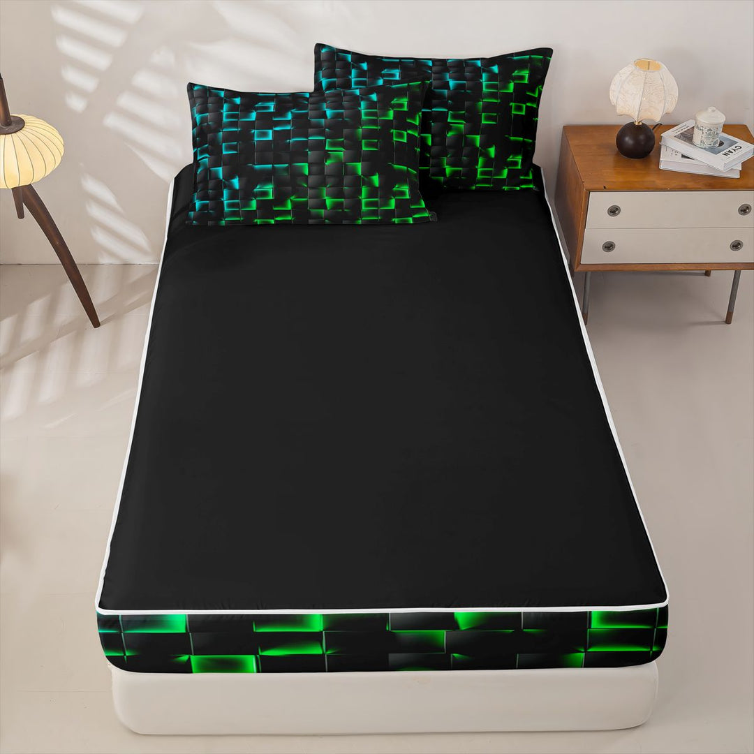 meiyoeat Classic Geometric Checkered Zipper Twin Comforter Sets with Fitted Sheet and 2 Pillowcases For Kids,Gradient Neon Blue Green Zipper Bedding Set For Boys,Black Reversible,4 Pieces
