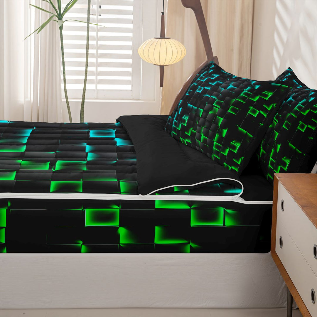 meiyoeat Classic Geometric Checkered Zipper Twin Comforter Sets with Fitted Sheet and 2 Pillowcases For Kids,Gradient Neon Blue Green Zipper Bedding Set For Boys,Black Reversible,4 Pieces