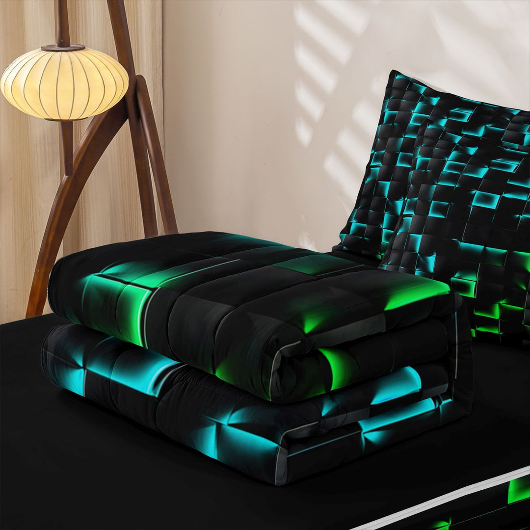 meiyoeat Classic Geometric Checkered Zipper Twin Comforter Sets with Fitted Sheet and 2 Pillowcases For Kids,Gradient Neon Blue Green Zipper Bedding Set For Boys,Black Reversible,4 Pieces