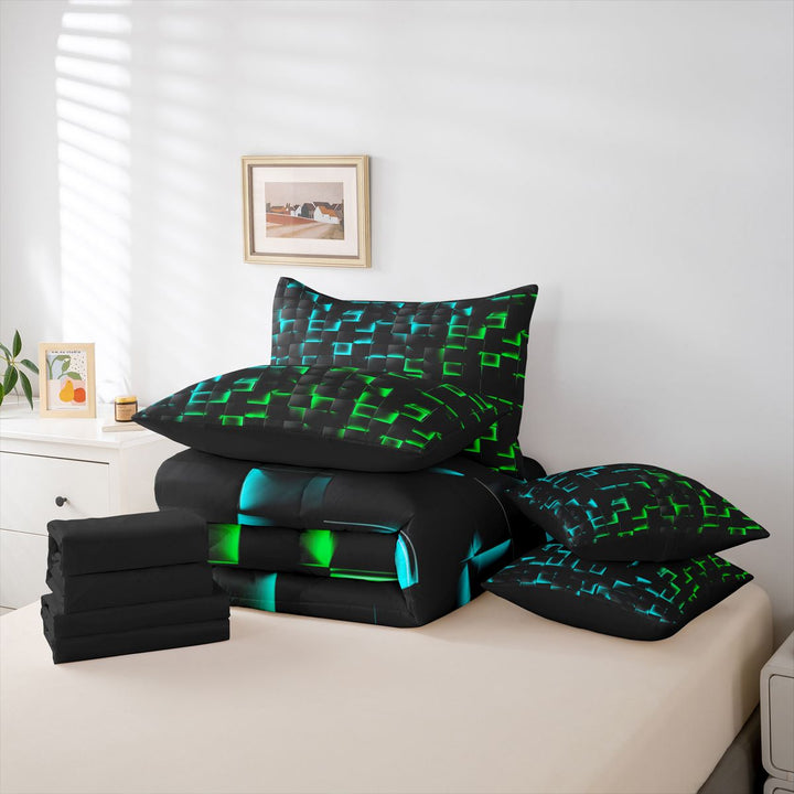 meiyoeat Classic Geometric Checkered 7 Pieces Full Size Bedding Sets For Kids,Gradient Neon Blue Green Full Size Bed in a Bag For Boys,Black Reversible