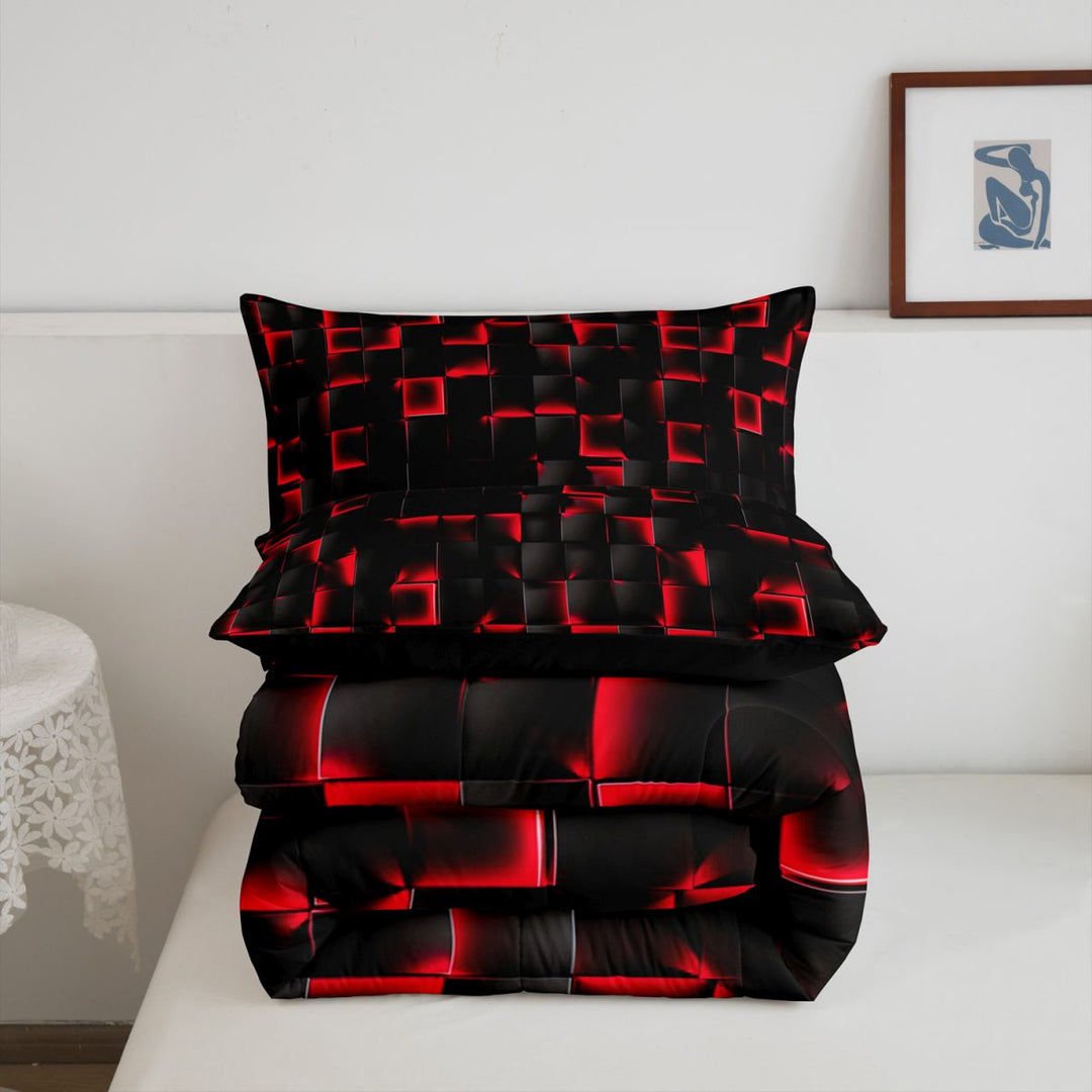 meiyoeat Red Checkered Grid Full Size Comforter Sets For Boys,3D Modern Abstract Geometric Bedding Comforter Set For Kids,Black Reversible,3pcs