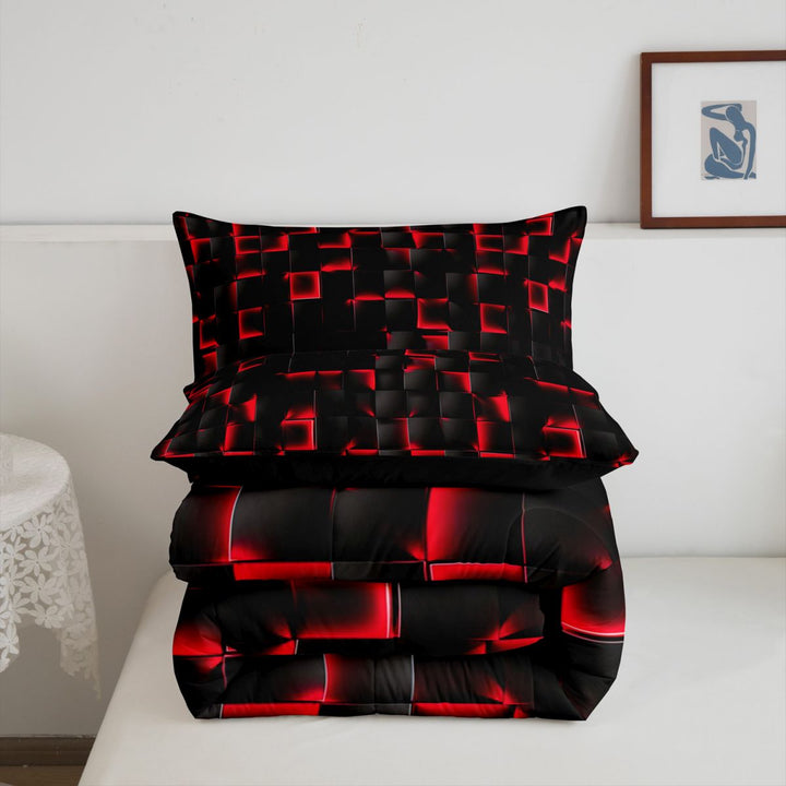 meiyoeat Red Checkered Grid Full Size Comforter Sets For Boys,3D Modern Abstract Geometric Bedding Comforter Set For Kids,Black Reversible,3pcs