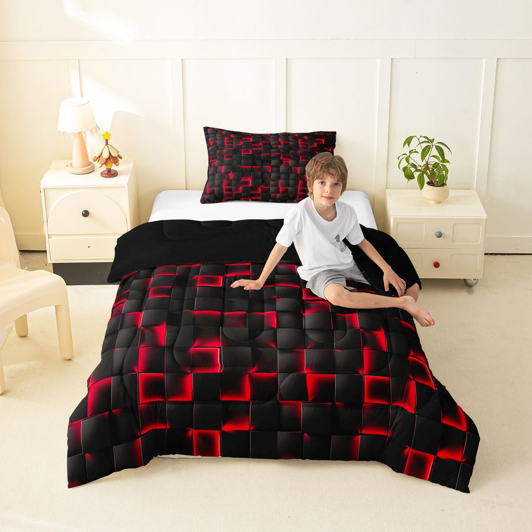 meiyoeat Red Checkered Grid Full Size Comforter Sets For Boys,3D Modern Abstract Geometric Bedding Comforter Set For Kids,Black Reversible,3pcs