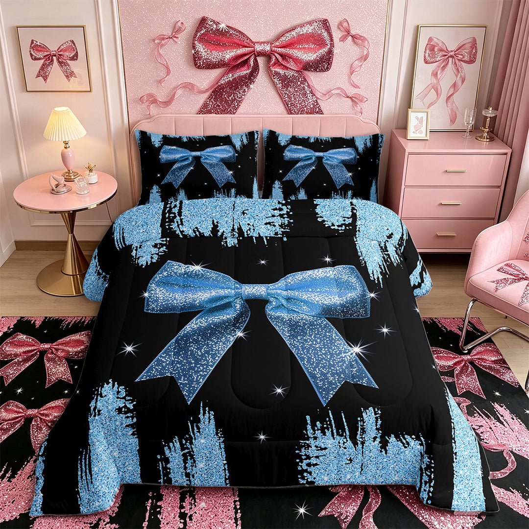 Meiyoeat Glitter Blue Bow Full Size Comforter Sets 3-Piece, Sparkle Print Bedding Comforter Set, Blue Black,Black Reversible