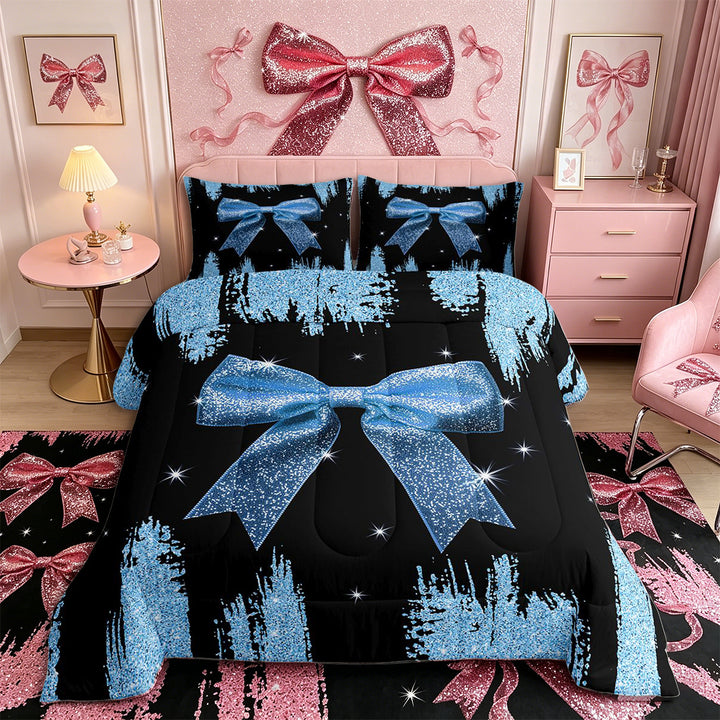 Meiyoeat Glitter Blue Bow Full Size Comforter Sets 3-Piece, Sparkle Print Bedding Comforter Set, Blue Black,Black Reversible