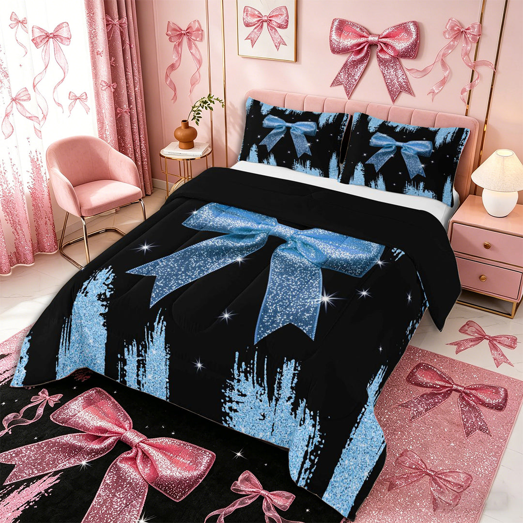 Meiyoeat Glitter Blue Bow Full Size Comforter Sets 3-Piece, Sparkle Print Bedding Comforter Set, Blue Black,Black Reversible