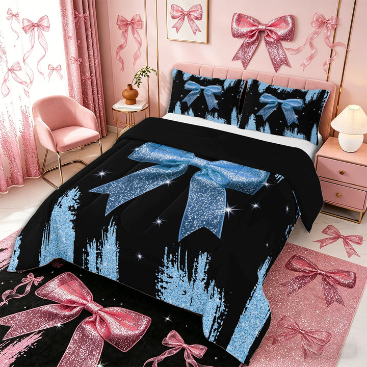 Meiyoeat Glitter Blue Bow Full Size Comforter Sets 3-Piece, Sparkle Print Bedding Comforter Set, Blue Black,Black Reversible