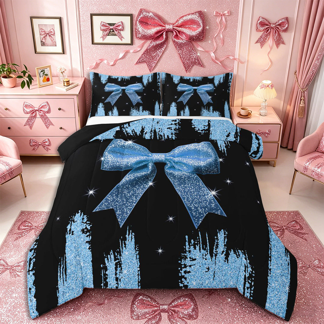 Meiyoeat Glitter Blue Bow Full Size Comforter Sets 3-Piece, Sparkle Print Bedding Comforter Set, Blue Black,Black Reversible
