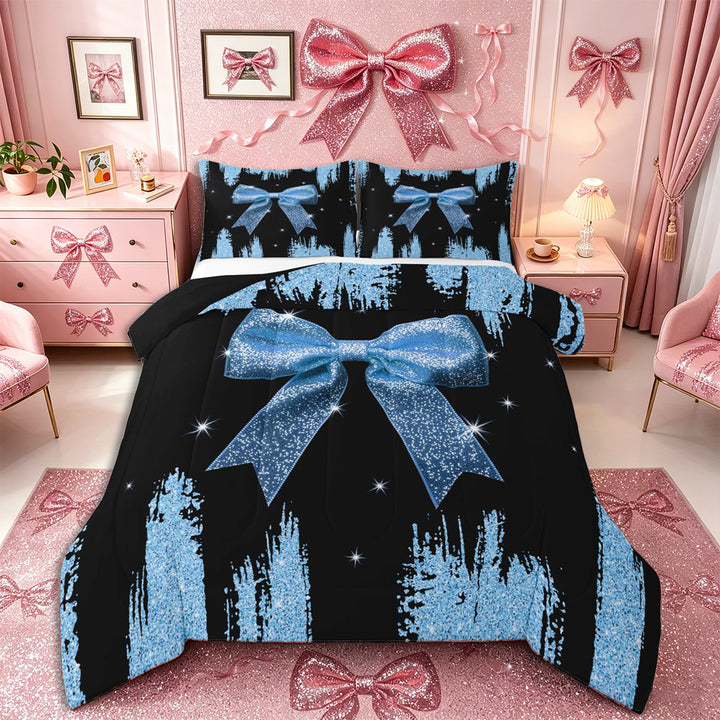 Meiyoeat Glitter Blue Bow Full Size Comforter Sets 3-Piece, Sparkle Print Bedding Comforter Set, Blue Black,Black Reversible