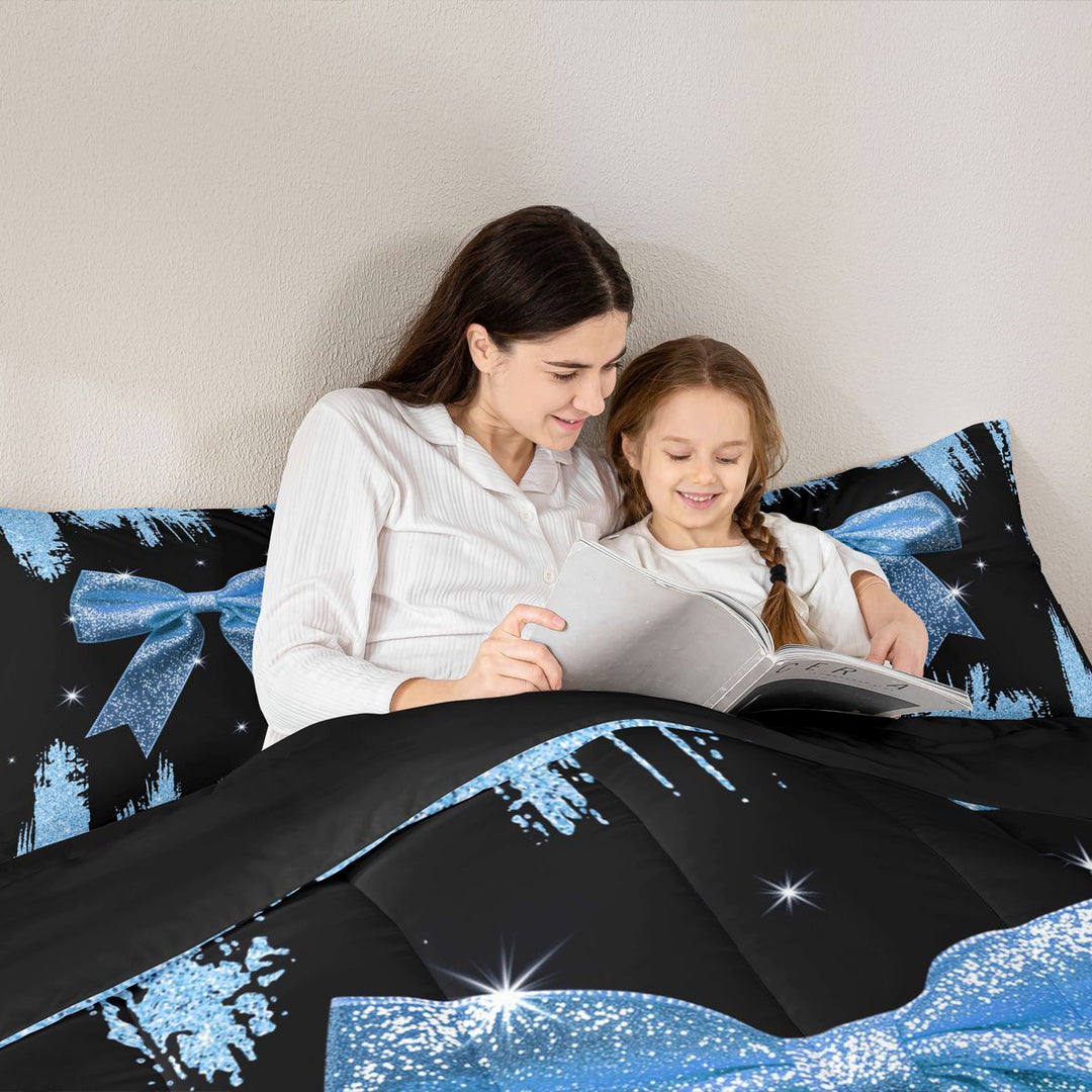 Meiyoeat Glitter Blue Bow Full Size Comforter Sets 3-Piece, Sparkle Print Bedding Comforter Set, Blue Black,Black Reversible