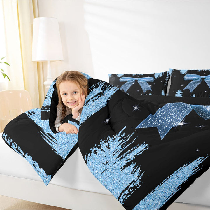Meiyoeat Glitter Blue Bow Full Size Comforter Sets 3-Piece, Sparkle Print Bedding Comforter Set, Blue Black,Black Reversible