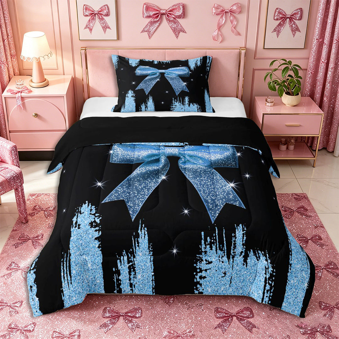 Meiyoeat Glitter Blue Bow Full Size Comforter Sets 3-Piece, Sparkle Print Bedding Comforter Set, Blue Black,Black Reversible