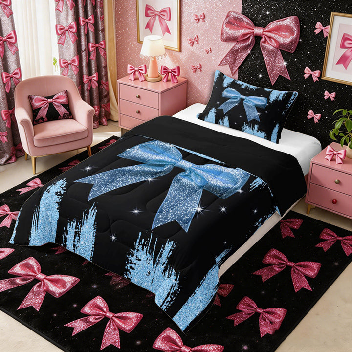 Meiyoeat Glitter Blue Bow Full Size Comforter Sets 3-Piece, Sparkle Print Bedding Comforter Set, Blue Black,Black Reversible