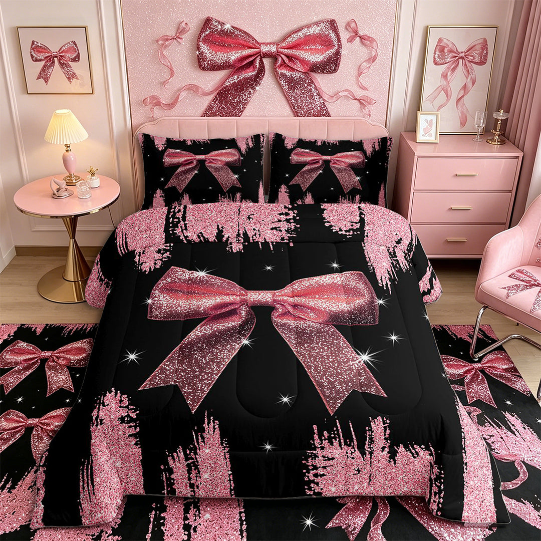 Meiyoeat Girly Pink Bow Full Size Comforter Sets 3-Piece for Teens, Sparkle Glitter Print Bedding Comforter Set for Bedroom,Black Reversible