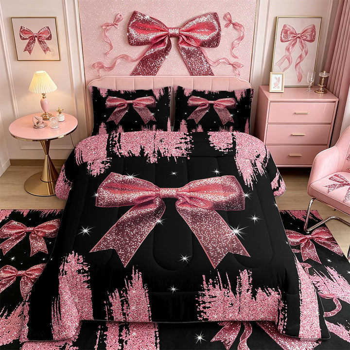 Meiyoeat Girly Pink Bow Full Size Comforter Sets 3-Piece for Teens, Sparkle Glitter Print Bedding Comforter Set for Bedroom,Black Reversible