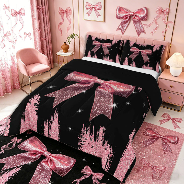 Meiyoeat Girly Pink Bow Full Size Comforter Sets 3-Piece for Teens, Sparkle Glitter Print Bedding Comforter Set for Bedroom,Black Reversible