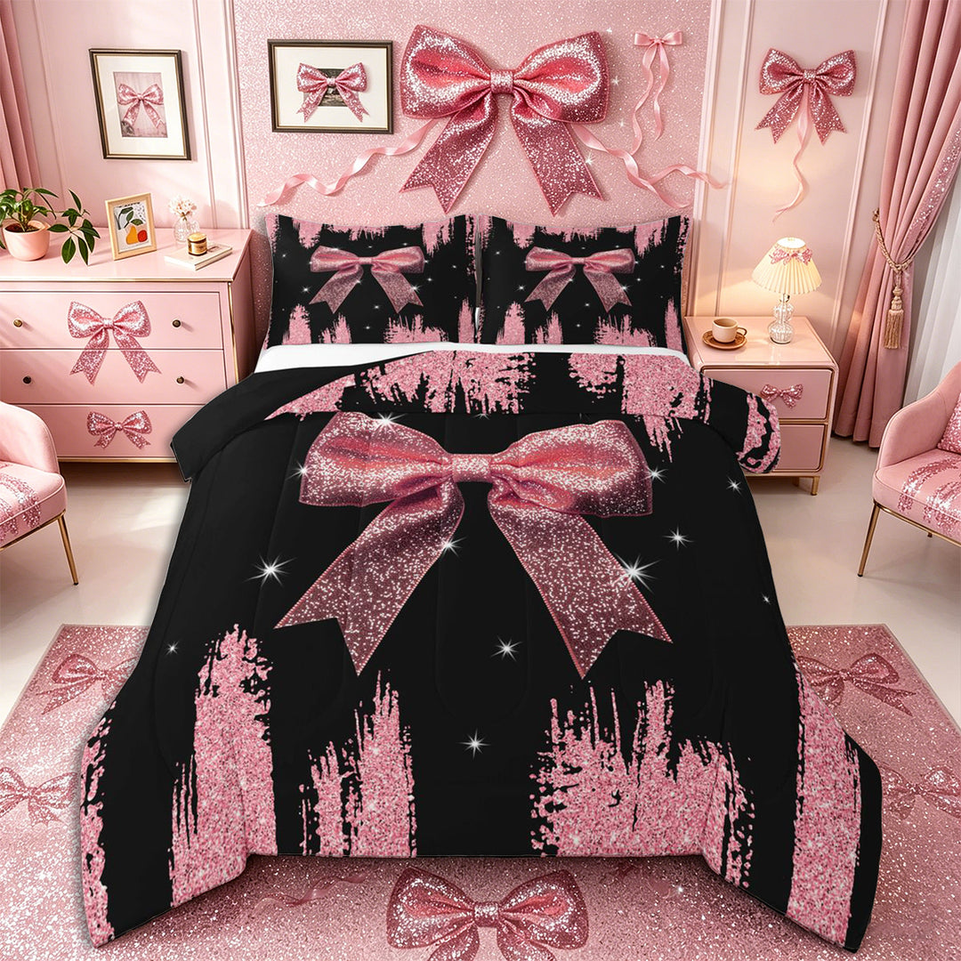 Meiyoeat Girly Pink Bow Full Size Comforter Sets 3-Piece for Teens, Sparkle Glitter Print Bedding Comforter Set for Bedroom,Black Reversible