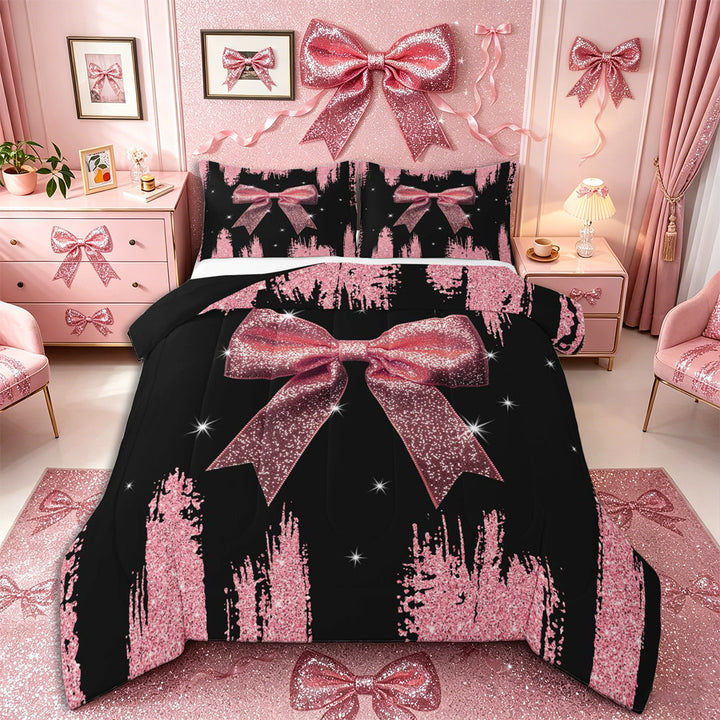 Meiyoeat Girly Pink Bow Full Size Comforter Sets 3-Piece for Teens, Sparkle Glitter Print Bedding Comforter Set for Bedroom,Black Reversible