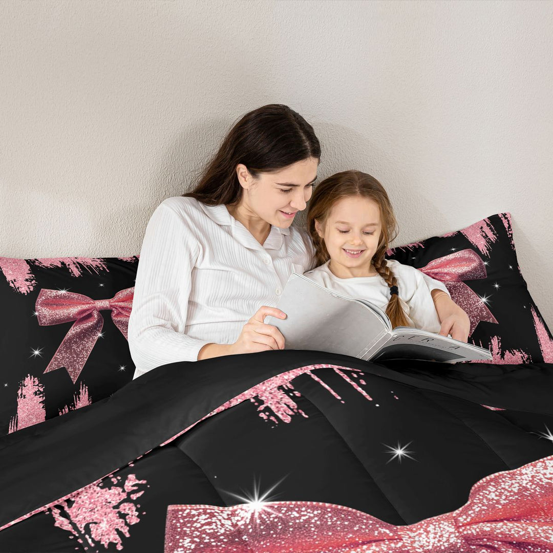 Meiyoeat Girly Pink Bow Full Size Comforter Sets 3-Piece for Teens, Sparkle Glitter Print Bedding Comforter Set for Bedroom,Black Reversible