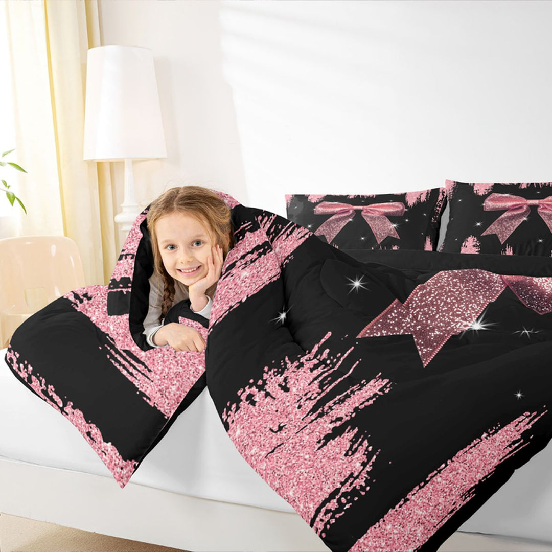Meiyoeat Girly Pink Bow Full Size Comforter Sets 3-Piece for Teens, Sparkle Glitter Print Bedding Comforter Set for Bedroom,Black Reversible