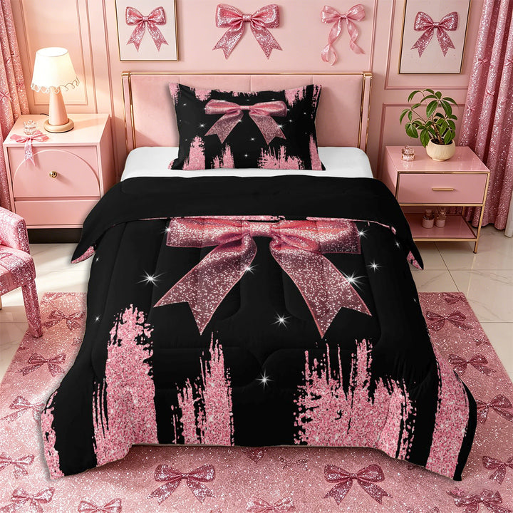 Meiyoeat Girly Pink Bow Full Size Comforter Sets 3-Piece for Teens, Sparkle Glitter Print Bedding Comforter Set for Bedroom,Black Reversible
