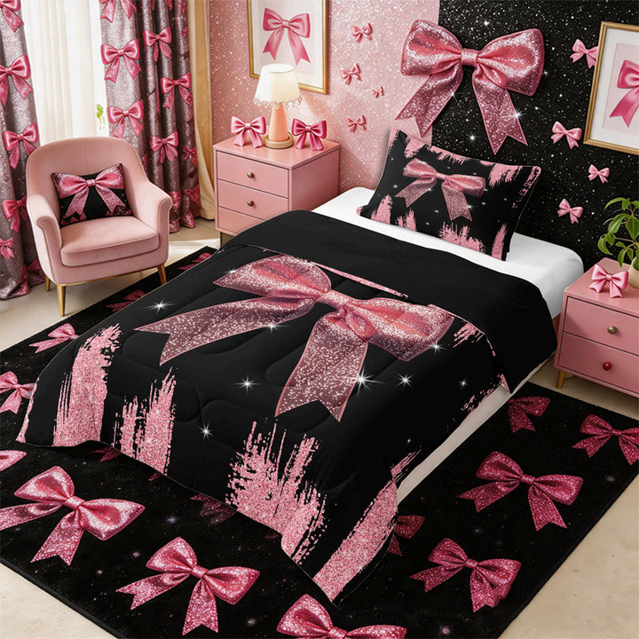 Meiyoeat Girly Pink Bow Full Size Comforter Sets 3-Piece for Teens, Sparkle Glitter Print Bedding Comforter Set for Bedroom,Black Reversible