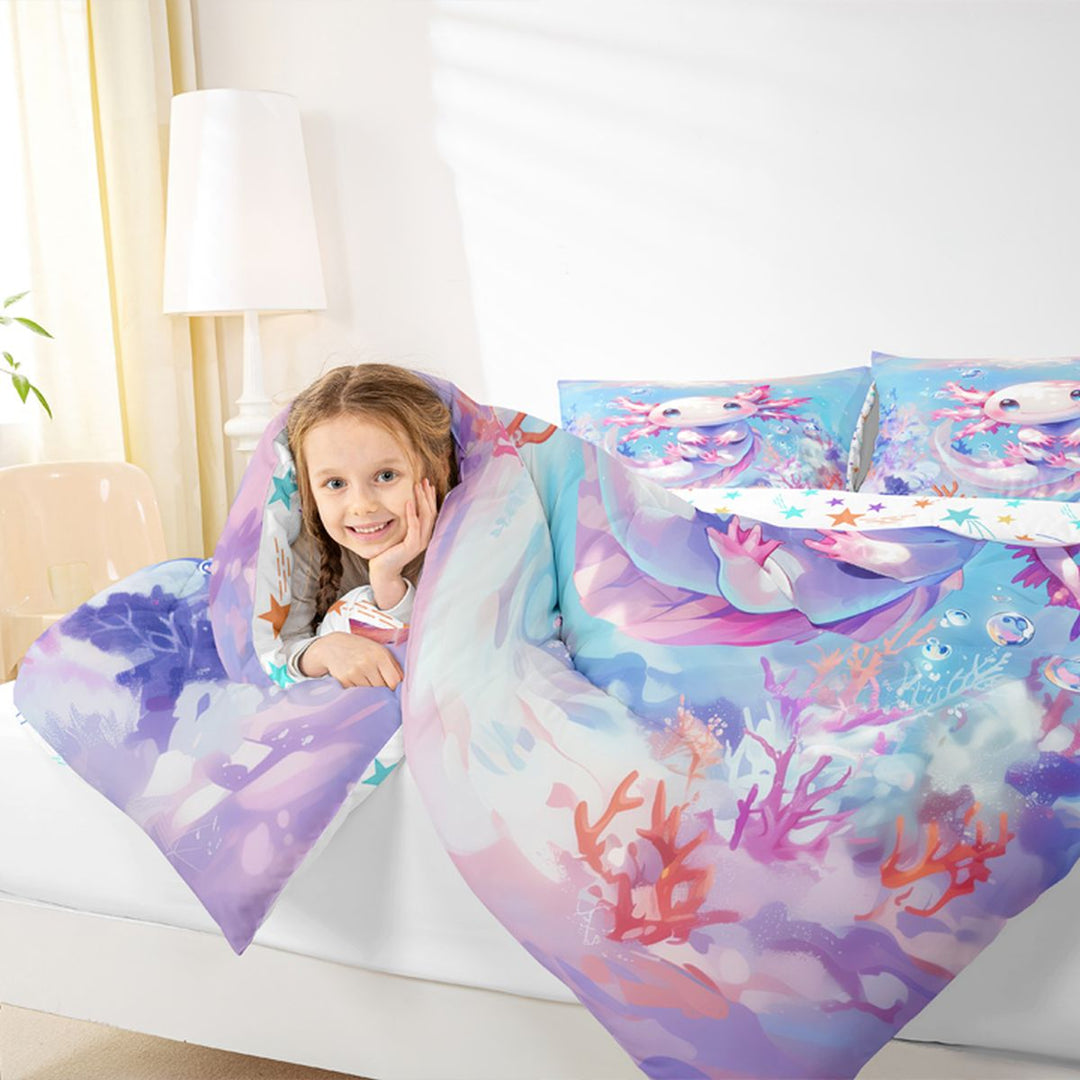 Meiyoeat Watercolor Kawaii Axolotl Full Size Bedding Sets 7 Pieces, Ocean Animal Salamander Pattern Full Size Bed in a Bag, Pink Blue