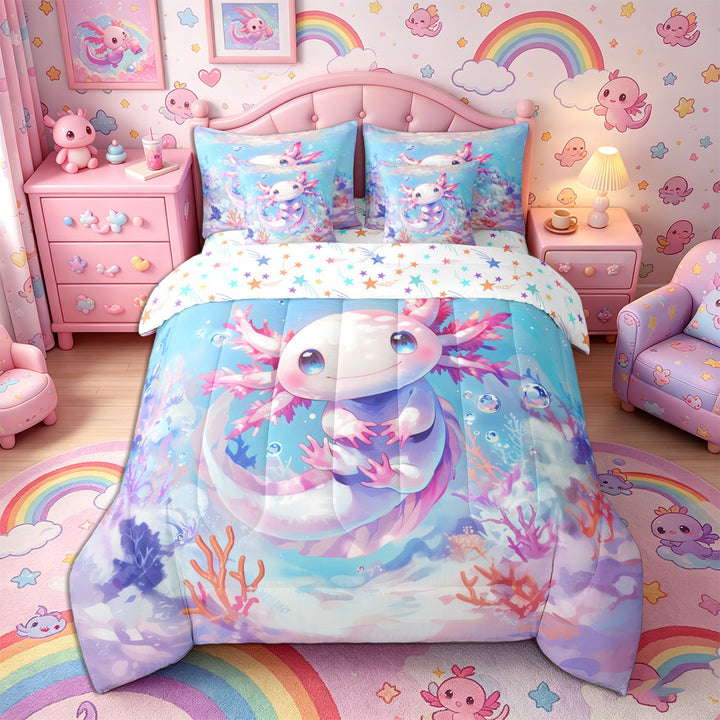 Meiyoeat Watercolor Kawaii Axolotl Full Size Bedding Sets 7 Pieces, Ocean Animal Salamander Pattern Full Size Bed in a Bag, Pink Blue
