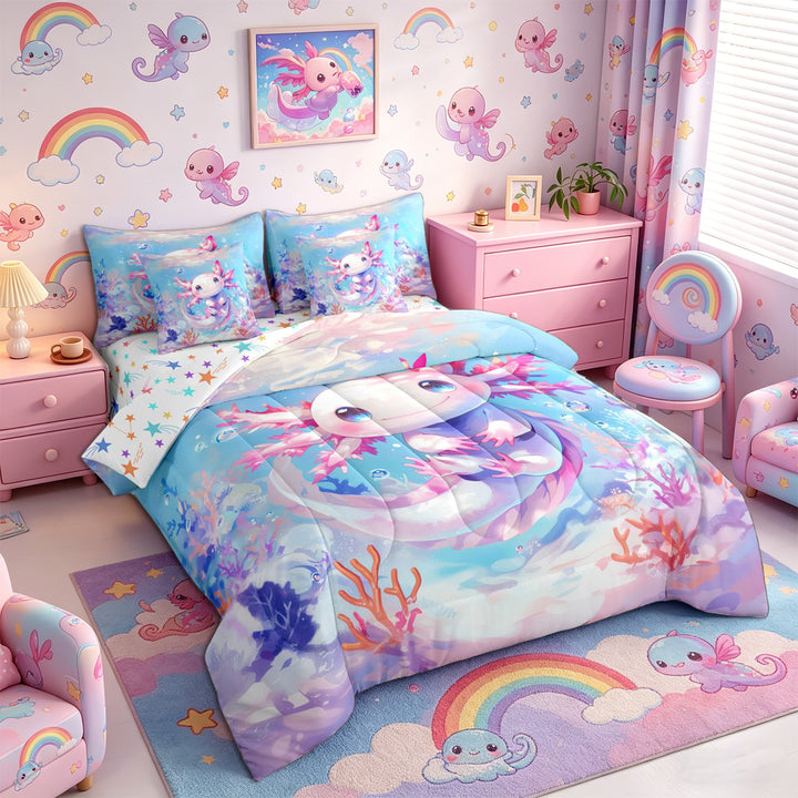 Meiyoeat Watercolor Kawaii Axolotl Full Size Bedding Sets 7 Pieces, Ocean Animal Salamander Pattern Full Size Bed in a Bag, Pink Blue