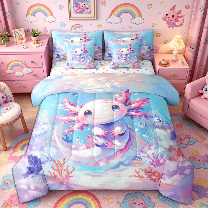 Meiyoeat Watercolor Kawaii Axolotl Full Size Bedding Sets 7 Pieces, Ocean Animal Salamander Pattern Full Size Bed in a Bag, Pink Blue
