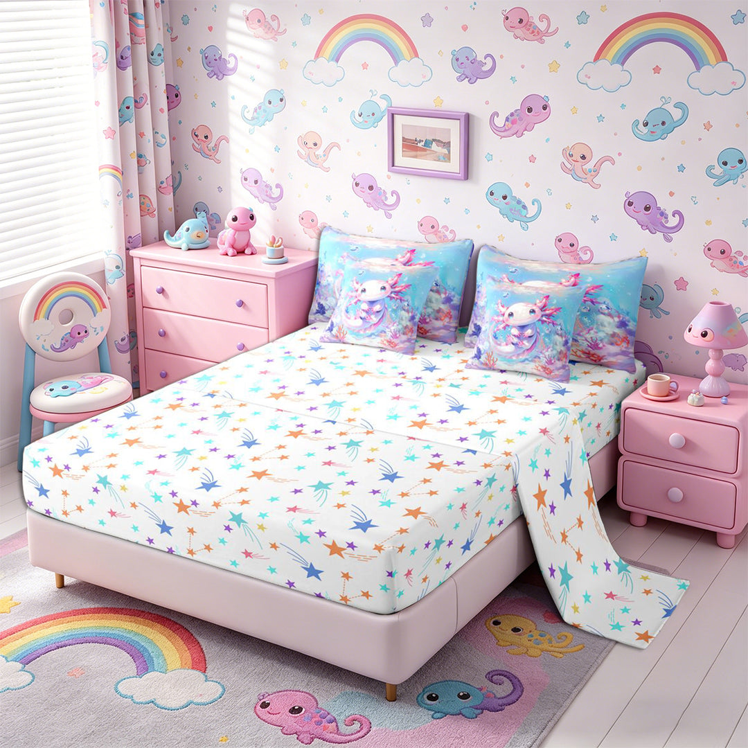 Meiyoeat Watercolor Kawaii Axolotl Full Size Bedding Sets 7 Pieces, Ocean Animal Salamander Pattern Full Size Bed in a Bag, Pink Blue