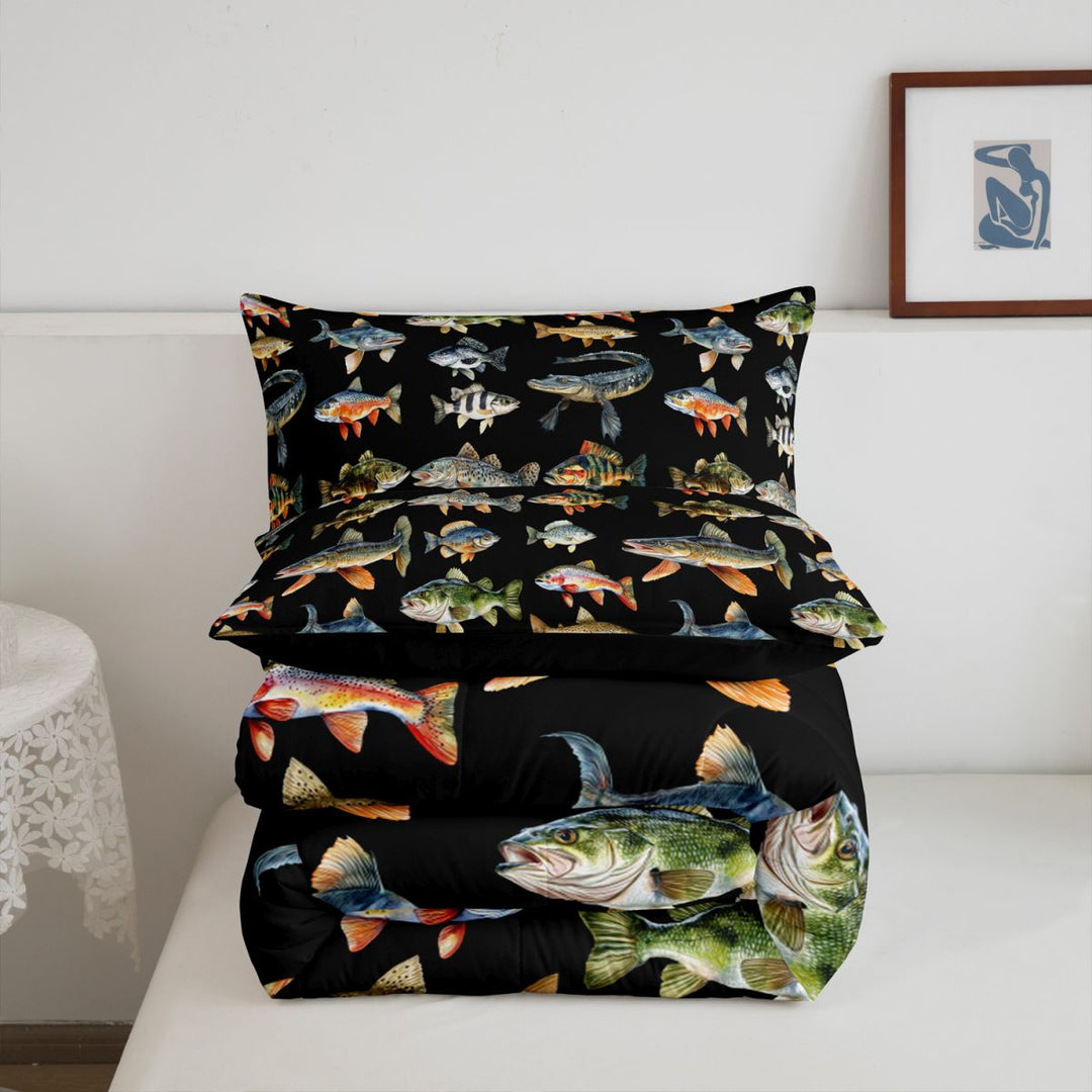 meiyoeat Cute Pike Fish Full Size Comforter Sets For Boys,Black Watercolor Print Bedding Comforter Set Kids,Black Reversible,3pcs