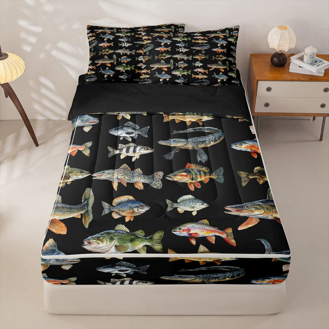 meiyoeat Cute Pike Fish Zipper Full Size Comforter Sets with Fitted Sheet and 2 Pillowcases For Boys,Black Watercolor Print Zipper Bedding Set Kids,Black Reversible,4-Piece