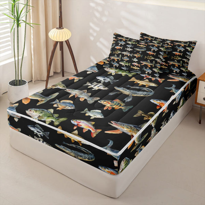 meiyoeat Cute Pike Fish Zipper Full Size Comforter Sets with Fitted Sheet and 2 Pillowcases For Boys,Black Watercolor Print Zipper Bedding Set Kids,Black Reversible,4-Piece