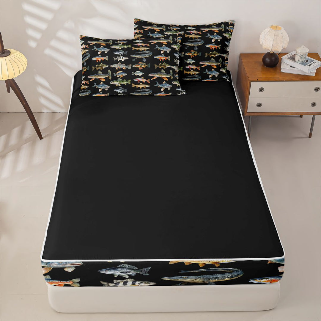 meiyoeat Cute Pike Fish Zipper Full Size Comforter Sets with Fitted Sheet and 2 Pillowcases For Boys,Black Watercolor Print Zipper Bedding Set Kids,Black Reversible,4-Piece