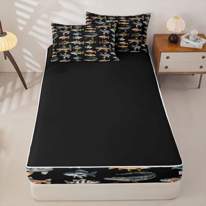 meiyoeat Cute Pike Fish Zipper Full Size Comforter Sets with Fitted Sheet and 2 Pillowcases For Boys,Black Watercolor Print Zipper Bedding Set Kids,Black Reversible,4-Piece