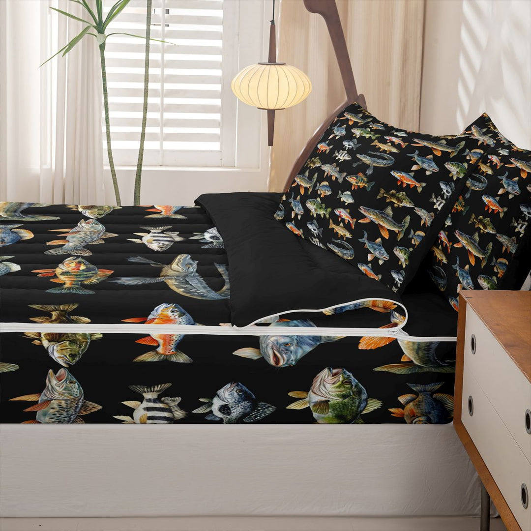 meiyoeat Cute Pike Fish Zipper Full Size Comforter Sets with Fitted Sheet and 2 Pillowcases For Boys,Black Watercolor Print Zipper Bedding Set Kids,Black Reversible,4-Piece